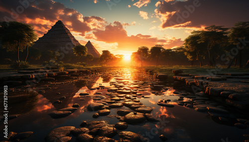Sunset over ancient ruins, a tranquil scene of nature beauty generated by AI