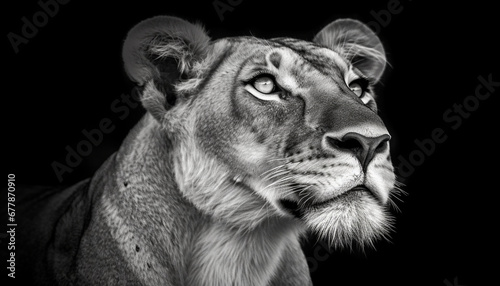 Majestic lion staring at camera, on black background generated by AI