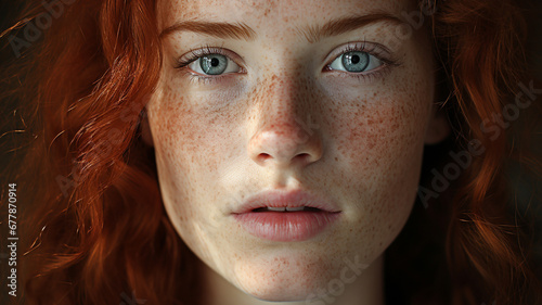 portrait of beautiful redhead woman with freckles photo