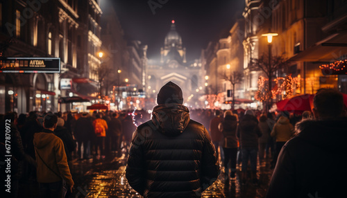 Night city life, men walking outdoors in famous illuminated place generated by AI