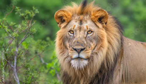 Majestic male lion walking in the African wilderness  staring ahead generated by AI