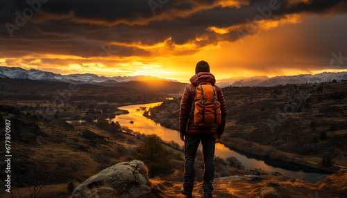 One person hiking mountain peak, enjoying sunset in tranquil landscape generated by AI © Stockgiu