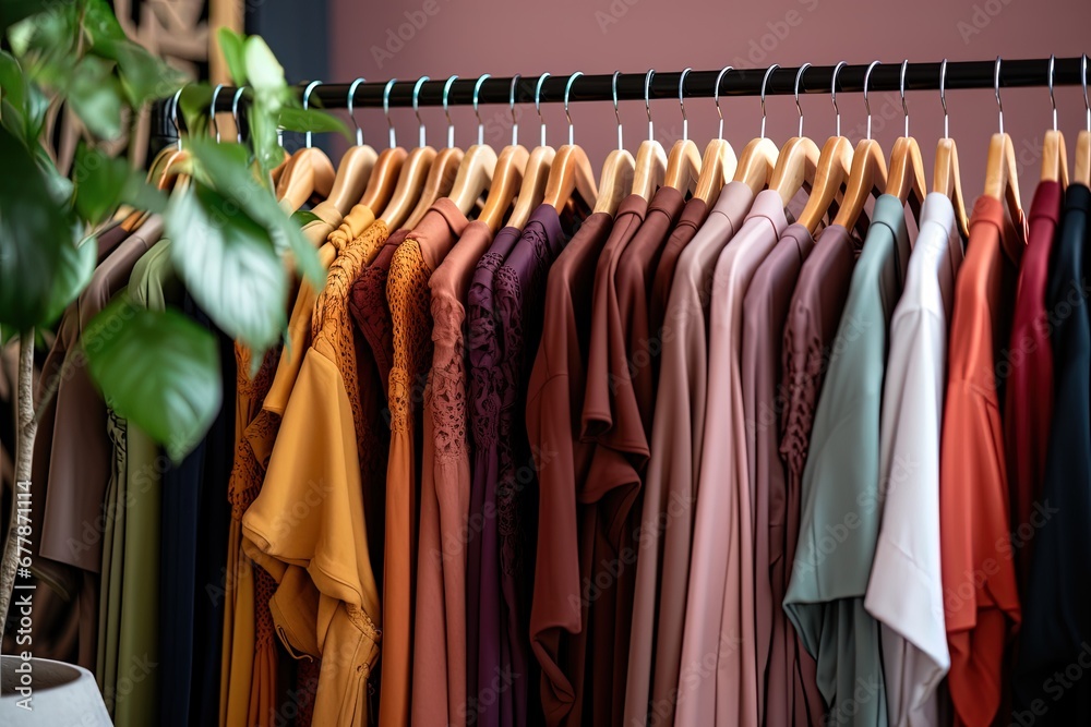 Colorful Clothing Rack with Neatly Arranged Clothes on Wooden Hangers
