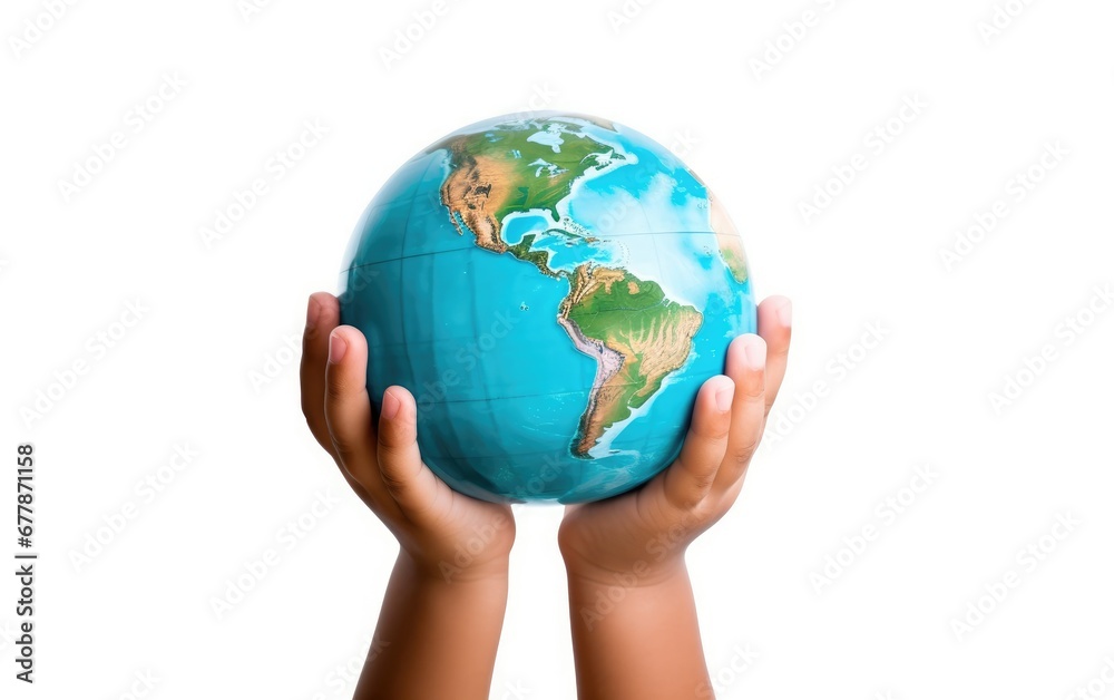 Child's hand holding a globe, white background Child's hand holding a globe, white background