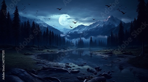Unreal nighttime landscape with birds