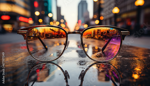 Sunglasses reflect city life, close up outdoors, fashion glass material generated by AI