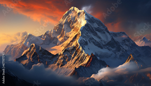 Majestic mountain peak, snow capped and breathtakingly beautiful generated by AI