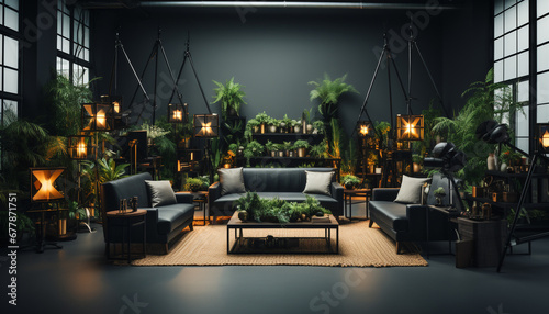 Modern living room with comfortable sofa, illuminated by electric lamp generated by AI