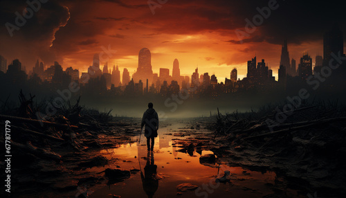 Silhouette of one person standing in tranquil sunset cityscape generated by AI