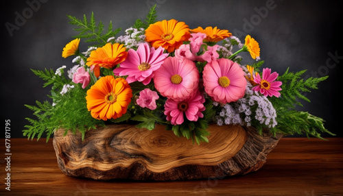 Fresh bouquet of multi colored daisies in rustic flower pot generated by AI