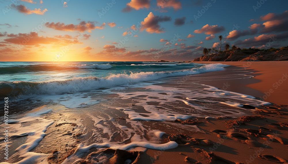 Obraz premium Sunset over the tranquil water, nature golden beauty generated by AI