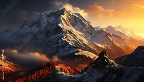 Majestic mountain peak, snow covered, tranquil nature scene generated by AI © Jemastock