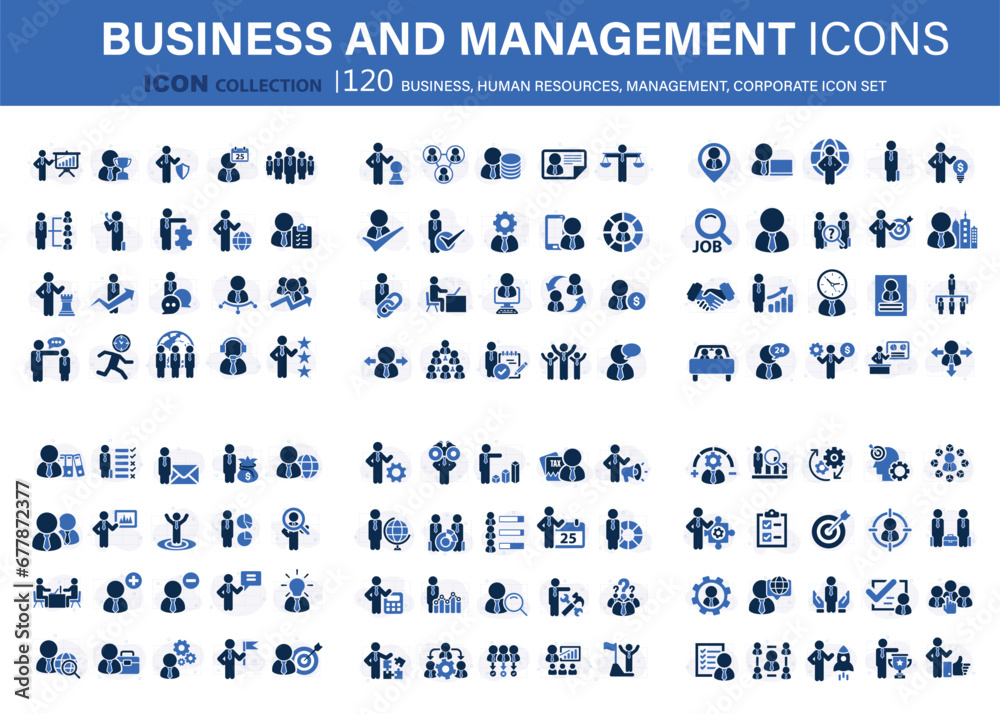 120 Business, human resources, management icon collection. Flat vector illustration