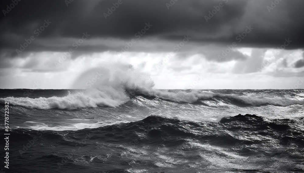 Fototapeta premium Ominous storm cloud breaking over rough seascape, motion and awe generated by AI