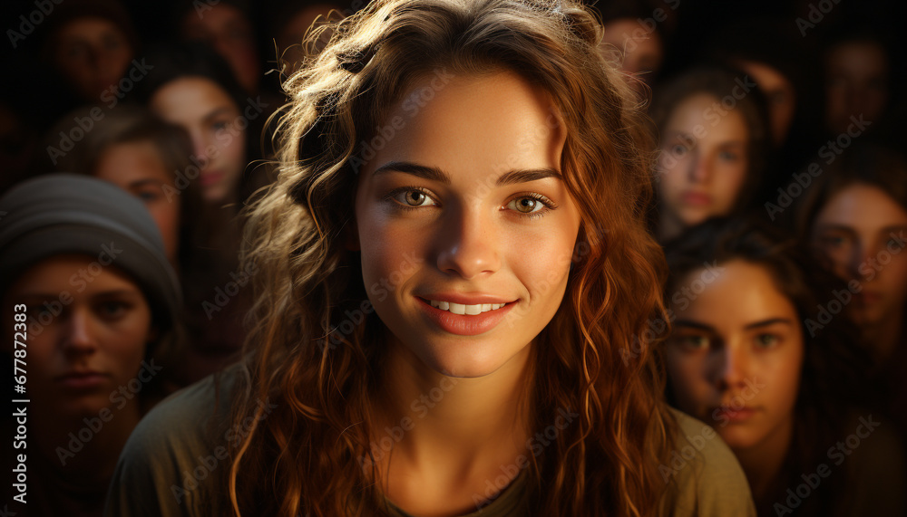 Fototapeta premium Young women smiling, looking at camera, group of people generated by AI