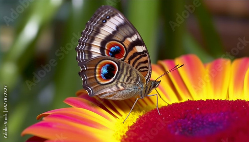 Vibrant butterfly pollinates fragile yellow flower in natural beauty generated by AI