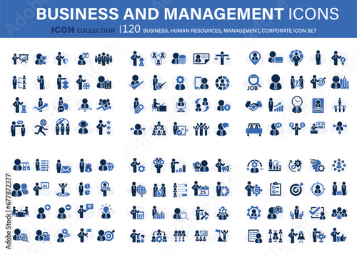 120 Business, human resources, management icon collection. Flat vector illustration