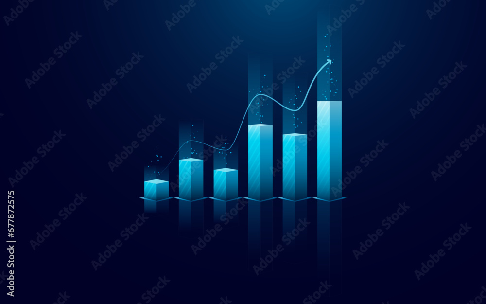 Abstract growth graph chart with up arrow on technology dark blue background. Stock market and success business metaphor. Financial concept. Vector illustration in digital futuristic light blue style. - obrazy, fototapety, plakaty 