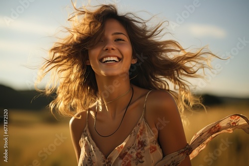 Paseo por un parque público. Retrato de mujer. Chica feliz sonriendo. Primavera y moda. photo