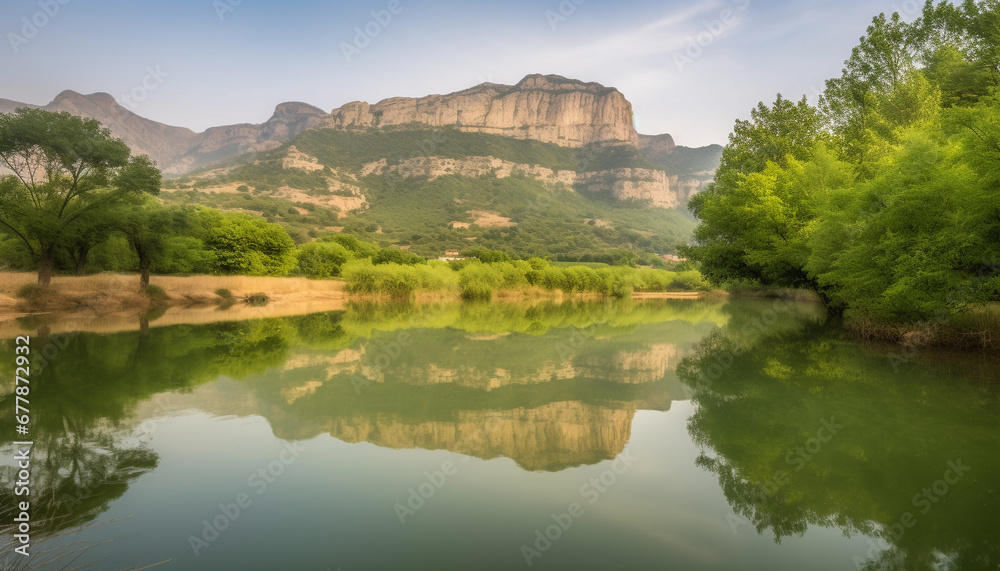 Majestic mountain range reflects in tranquil pond, natural beauty abounds generated by AI