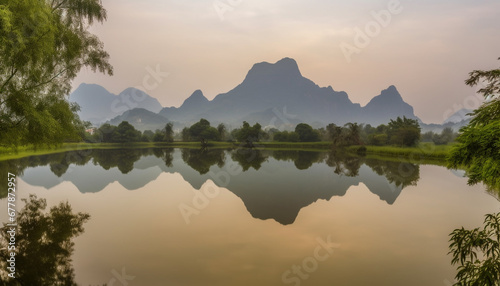 Tranquil sunset over mountain range reflects natural beauty of landscape generated by AI