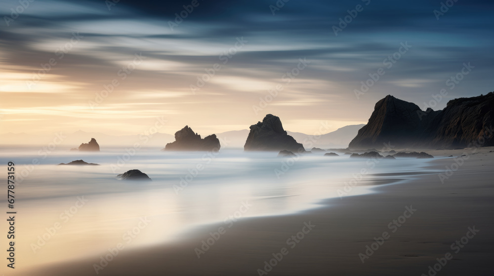 Long exposure view of a beach with misty soft waves surrounding the rocks