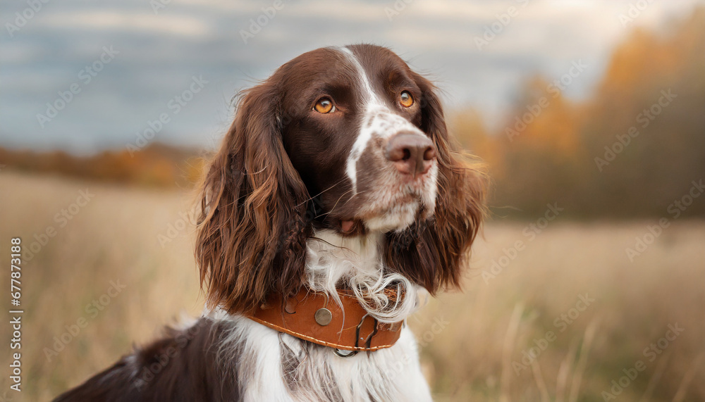 closeup portrait of a purebred hunting dog breed wearing a brown leather collar outdoors in field in fall season banner with haunting springer spaniel dog