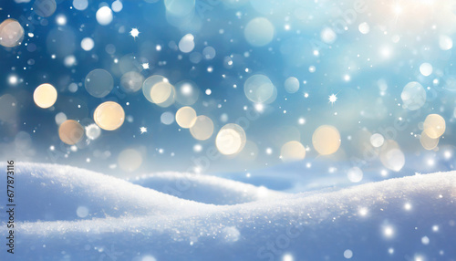 winter snow background with snowdrifts with beautiful light and snow flakes on the blue sky beautiful bokeh circles banner format copy space © Emanuel