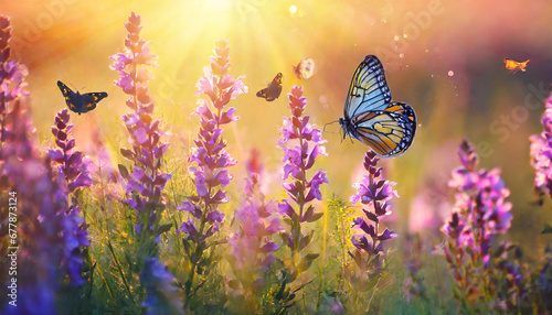 art beautiful summer sunset background with blooming wild lovanda flowers and flying butterflies in a sunny meadow © Emanuel