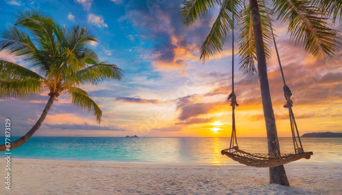 tropical sunset beach and sky background as exotic summer landscape with beach swing or hammock and white sand and calm sea beach banner paradise island beach vacation or summer holiday destination © Emanuel