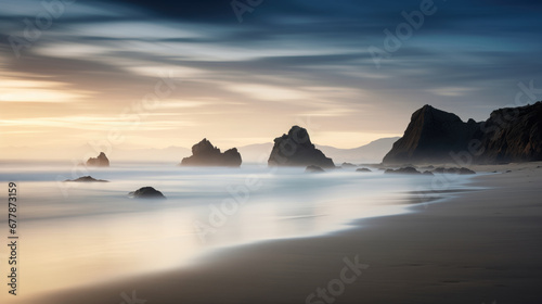 Long exposure view of a beach with misty soft waves surrounding the rocks