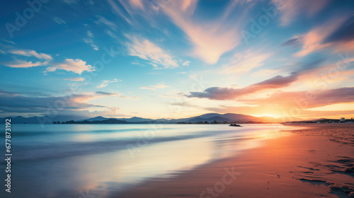 Long exposure image of a beautiful idyllic beach landscape at sunset. © Joe P
