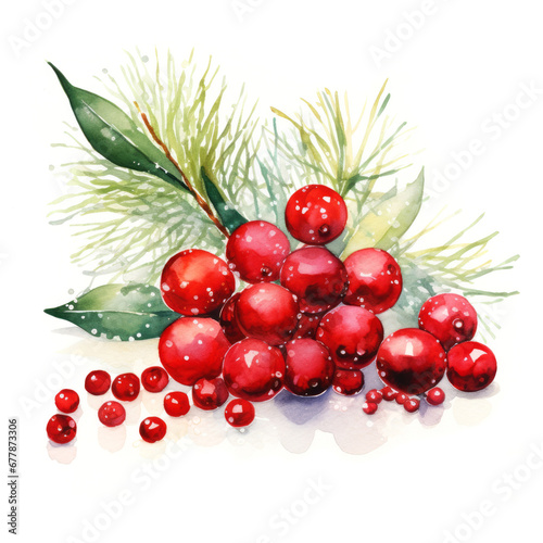 Watercolour illustration of red berry branch on white background. Winter decoration concept