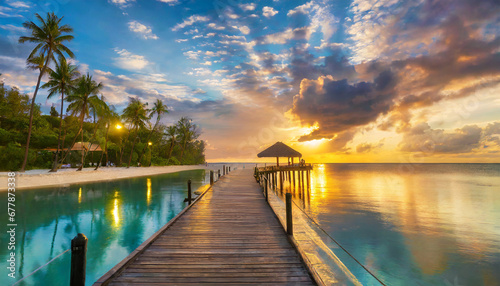 beautiful sunset beach coast colorful sky clouds sun rays over palm trees silhouette panoramic island landscape calm sea reflections relax tropical paradise wooden pier path led lights in resort