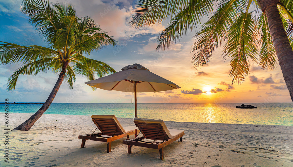 beautiful tropical sunset scenery two sun beds loungers umbrella under palm tree white sand sea view with horizon colorful twilight sky calmness and relaxation inspirational beach resort hotel