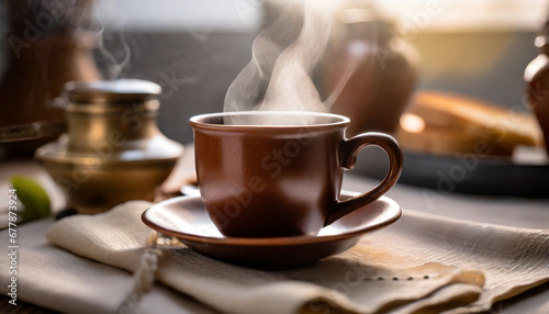 breakfast brew a steamy cup of tea or coffee in a brown mug awakens the senses offering a comforting start to the morning