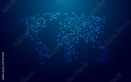 Abstract light blue technology world map on dark background. Digital futuristic global world concept. Modern vector illustration with hologram effect. Hi tech Earth maps consist of glowing hexagons. 