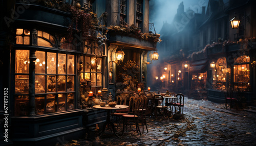 Nighttime cityscape with illuminated buildings, old fashioned lanterns, and wet streets generated by AI