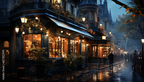 Nighttime cityscape illuminated by street lights, showcasing famous architectural landmarks generated by AI