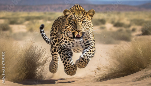 leopard running toward the camera in the desert amazing african wildlife generative ai