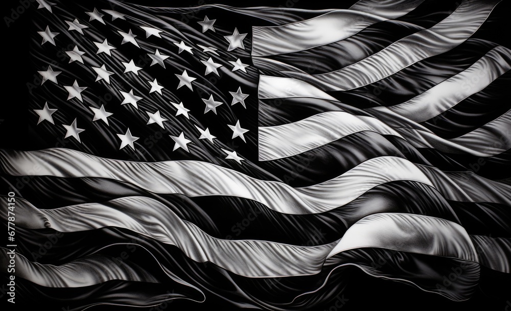a black and white american flag waving on a black background Generative AI - obrazy, fototapety, plakaty 