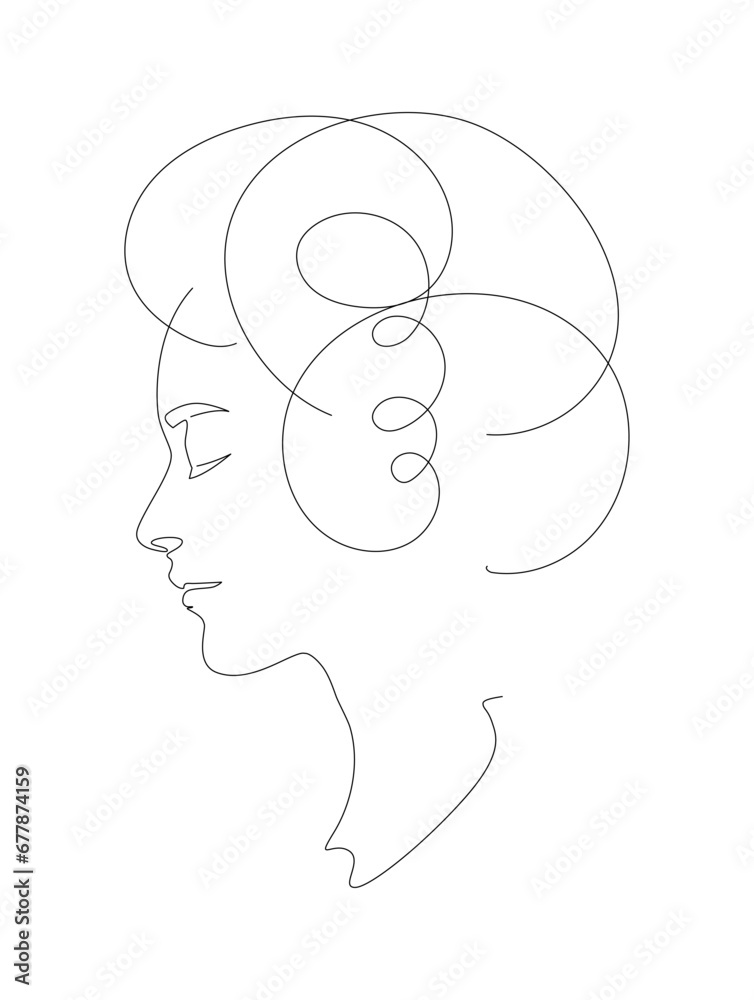 Woman Head with curly hairstyle Line Art Illustration. Female face, Feminine Minimalist Logo, line drawing