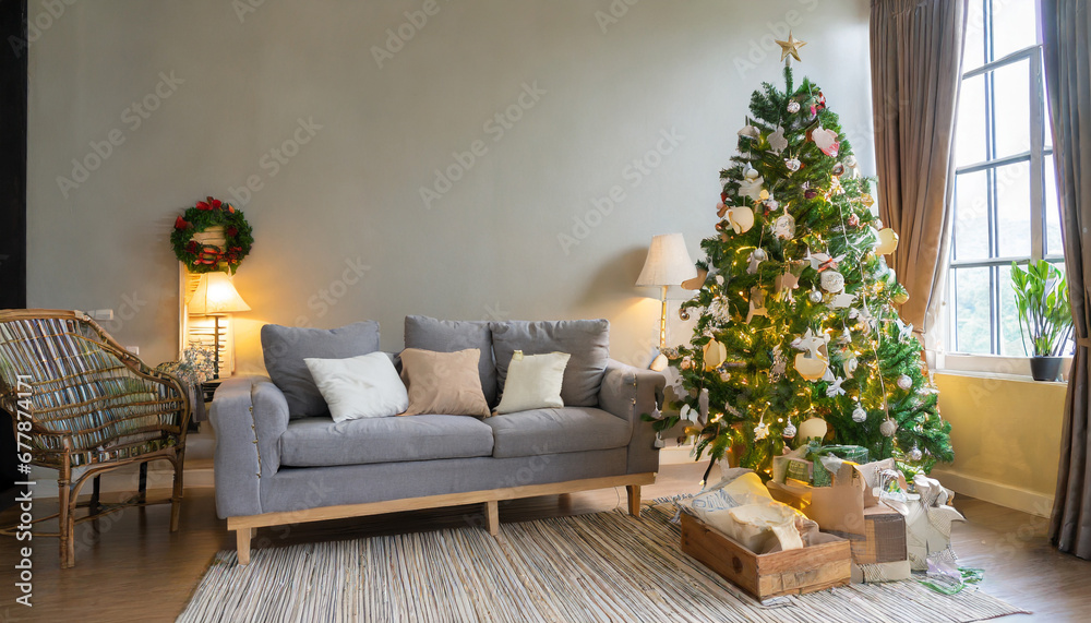 christmas tree and sofa in living room interior