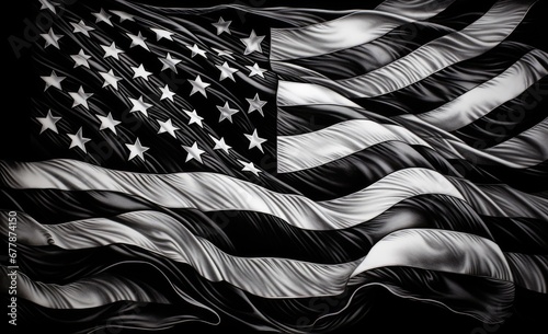 a black and white american flag waving on a black background Generative AI
