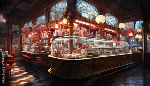 Nighttime in a modern city, illuminated by colorful lanterns and bars generated by AI