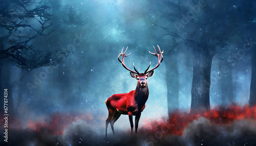 red deer stag in the misty night forest noble deer male banner with beautiful animal in the nature habitat wildlife scene from the wild nature landscape dark blue background © Emanuel