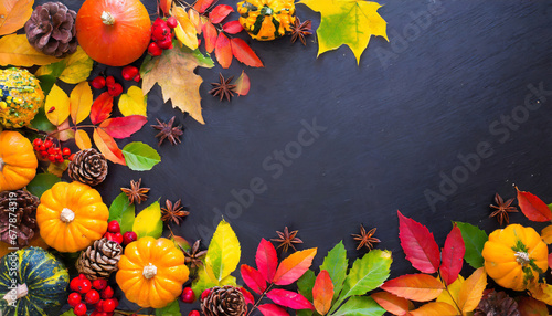 autumn frame with cute colorful leaves and pumpkins thanksgiving and harvest day trendy black wooden background with beautiful leaves fall leaf border with copy space