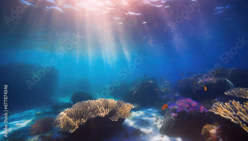 world ocean wildlife landscape sunlight through water surface with coral reef on the ocean floor natural scene abstract underwater background