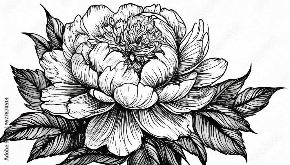 black and white peony flower drawing illustration with line art on ...