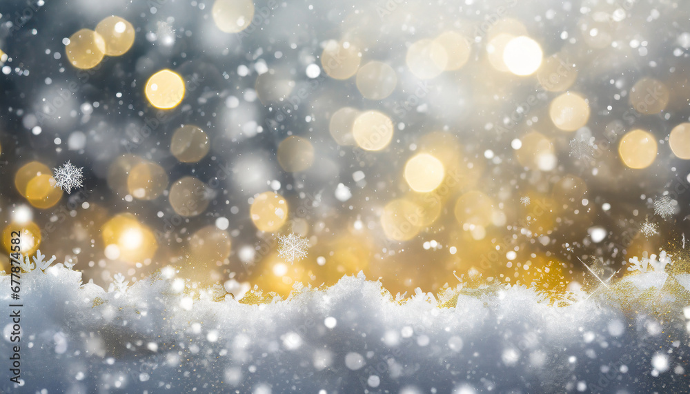snowfall texture on blurry background silver and gold abstract blurred bokeh lights christmas and new year holiday backdrop with copy space